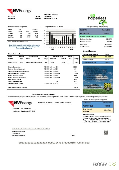 USA Nevada NV Energy modèle de facture de services publics aux formats Word et PDF